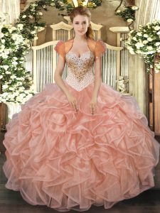 Modern Peach Ball Gowns Beading and Ruffles Quinceanera Dresses Lace Up Organza Sleeveless Floor Length