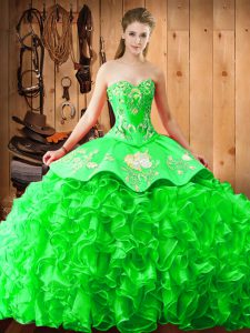 Fantastic Sweetheart Sleeveless Satin and Organza Quince Ball Gowns Embroidery and Ruffles Brush Train Lace Up