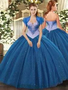 Navy Blue Ball Gowns Sweetheart Sleeveless Tulle Floor Length Lace Up Beading and Sequins Quinceanera Gown