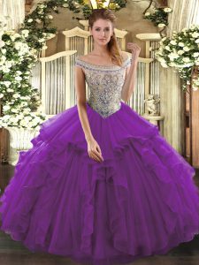 Delicate Eggplant Purple Ball Gowns Off The Shoulder Sleeveless Tulle Floor Length Lace Up Beading and Ruffles Sweet 16 