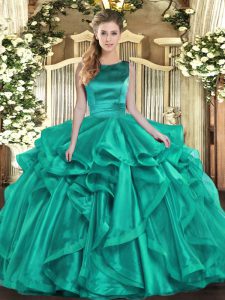 Glamorous Turquoise Ball Gowns Ruffles Sweet 16 Dress Lace Up Organza Sleeveless Floor Length