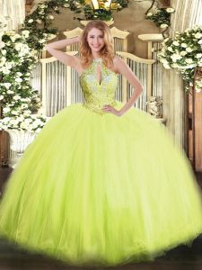 Yellow Green Lace Up Vestidos de Quinceanera Beading Sleeveless Floor Length