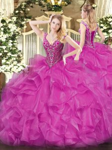 Organza V-neck Long Sleeves Lace Up Beading and Ruffles Quinceanera Dresses in Fuchsia