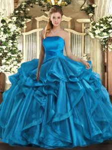 Sleeveless Organza Floor Length Lace Up Quinceanera Dresses in Baby Blue with Ruffles