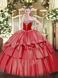 Enchanting Sweetheart Sleeveless Organza and Taffeta Quince Ball Gowns Beading and Ruffled Layers Lace Up