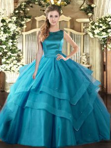 Wonderful Teal Scoop Lace Up Ruffled Layers Vestidos de Quinceanera Sleeveless