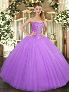 Amazing Lilac Ball Gowns Sweetheart Sleeveless Tulle Floor Length Lace Up Beading Quinceanera Dresses