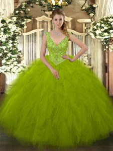 Smart Olive Green Sleeveless Beading and Ruffles Floor Length Quince Ball Gowns