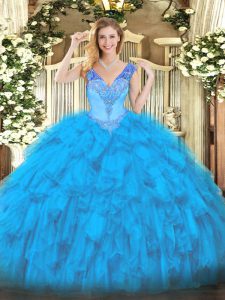 Classical Baby Blue Organza Lace Up Sweet 16 Quinceanera Dress Sleeveless Floor Length Beading and Ruffles