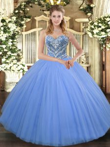 Baby Blue Ball Gowns Sweetheart Sleeveless Tulle Floor Length Lace Up Beading Quinceanera Dresses