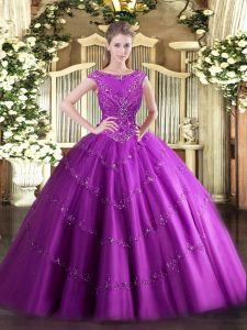 Dramatic Fuchsia Zipper Scoop Beading and Appliques Quinceanera Dress Tulle Sleeveless