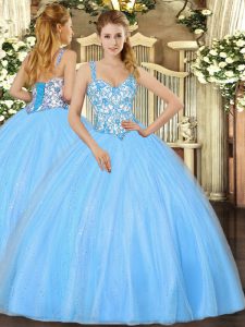 Baby Blue Ball Gowns Organza Straps Sleeveless Beading and Appliques Floor Length Lace Up 15th Birthday Dress