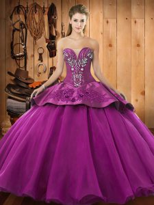 Charming Fuchsia Sleeveless Satin and Organza Lace Up 15 Quinceanera Dress for Military Ball and Sweet 16 and Quinceaner