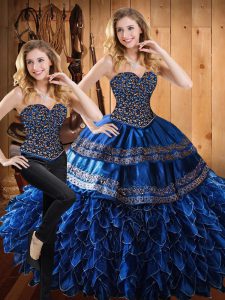 Colorful Royal Blue Sweetheart Lace Up Beading and Embroidery and Ruffles Sweet 16 Dress Sleeveless