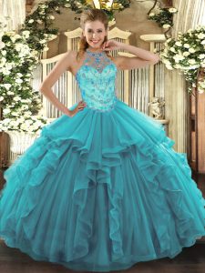 Pretty Teal Lace Up Halter Top Beading and Embroidery and Ruffles Quinceanera Gowns Organza Sleeveless