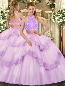 Simple Floor Length Two Pieces Sleeveless Lavender Quinceanera Gown Criss Cross