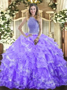 Fantastic Lavender Ball Gowns Organza High-neck Sleeveless Beading and Ruffled Layers Floor Length Lace Up Quinceanera G