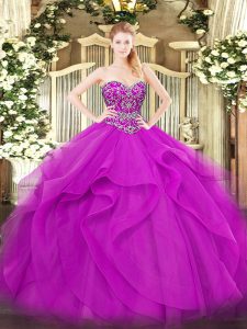 Superior Sleeveless Tulle Floor Length Lace Up Ball Gown Prom Dress in Fuchsia with Beading and Ruffles