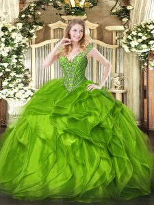 Organza V-neck Sleeveless Lace Up Beading and Ruffles Sweet 16 Dresses in