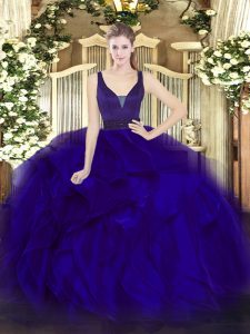 Blue Zipper Straps Beading and Ruffles Ball Gown Prom Dress Organza Sleeveless