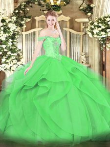 Off The Shoulder Sleeveless Tulle Quinceanera Dresses Beading and Ruffles Lace Up