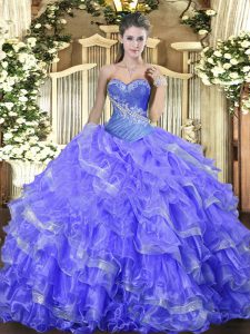 Organza Sweetheart Sleeveless Lace Up Beading and Ruffled Layers Quinceanera Dress in Blue