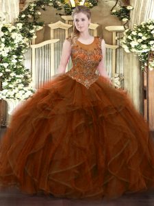 Fantastic Brown Zipper Scoop Beading and Ruffles Quinceanera Gown Tulle Sleeveless