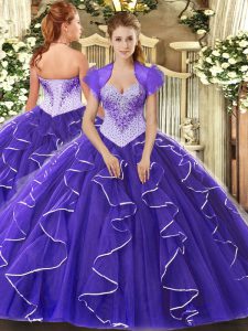 Decent Floor Length Purple Ball Gown Prom Dress Sweetheart Cap Sleeves Lace Up