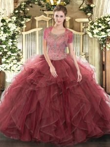 Dazzling Beading and Ruffled Layers 15 Quinceanera Dress Burgundy Clasp Handle Sleeveless Floor Length