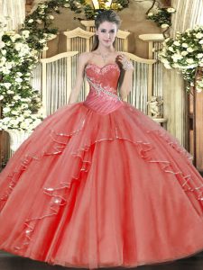 Coral Red Sleeveless Floor Length Beading and Ruffled Layers Lace Up Quinceanera Dresses