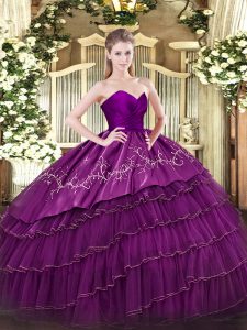 Dynamic Eggplant Purple Organza and Taffeta Zipper Sweet 16 Dress Sleeveless Floor Length Embroidery and Ruffled Layers