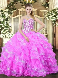 Custom Made Floor Length Lilac Sweet 16 Quinceanera Dress Organza Sleeveless Beading and Ruffled Layers