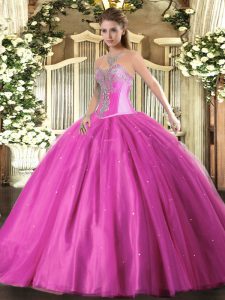 Fuchsia Ball Gowns Tulle Sweetheart Sleeveless Beading Floor Length Lace Up Quinceanera Gown