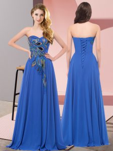 Suitable Embroidery Homecoming Dress Blue Lace Up Sleeveless Floor Length