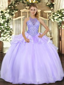 Lavender Ball Gowns Halter Top Sleeveless Organza Floor Length Lace Up Beading Sweet 16 Dress