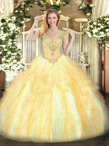 Sleeveless Floor Length Beading and Ruffles Lace Up 15 Quinceanera Dress with Gold