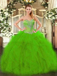 Elegant Sleeveless Floor Length Beading and Ruffles Lace Up Ball Gown Prom Dress with Green
