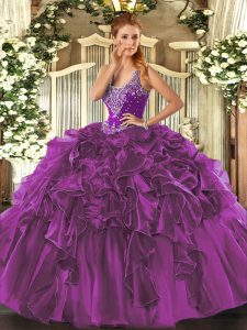 Extravagant Straps Sleeveless Lace Up Quinceanera Dresses Eggplant Purple Organza