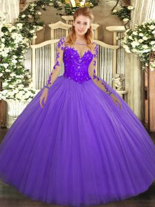 Lavender Ball Gowns Scoop Long Sleeves Tulle Floor Length Lace Up Lace 15th Birthday Dress