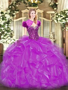 Fuchsia Ball Gowns Beading and Ruffles Quinceanera Dresses Lace Up Organza Sleeveless Floor Length