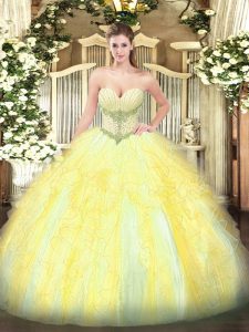Customized Gold Lace Up Sweetheart Beading and Ruffles Quinceanera Gowns Tulle Sleeveless
