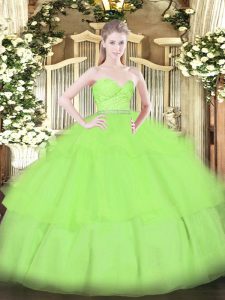Latest Ball Gowns Beading and Lace and Ruffled Layers Quince Ball Gowns Zipper Tulle Sleeveless Floor Length