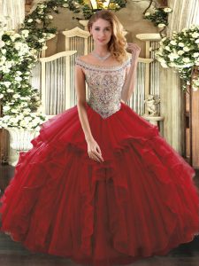 Off The Shoulder Sleeveless Tulle Sweet 16 Dresses Beading and Ruffles Lace Up