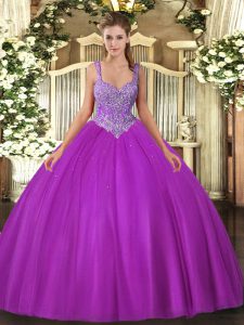 Custom Design Fuchsia Sleeveless Floor Length Beading Lace Up 15 Quinceanera Dress