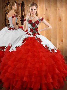Comfortable Red Ball Gowns Organza Off The Shoulder Sleeveless Embroidery and Ruffled Layers Floor Length Lace Up Quince