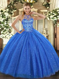 Cute Blue Ball Gowns Tulle Halter Top Sleeveless Beading and Embroidery Floor Length Lace Up 15th Birthday Dress