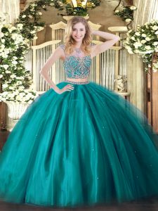 Elegant Two Pieces Sweet 16 Dresses Teal Scoop Tulle Sleeveless Floor Length Lace Up