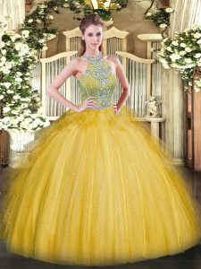 Spectacular Floor Length Lace Up Quince Ball Gowns Gold for Military Ball and Sweet 16 and Quinceanera with Beading and 