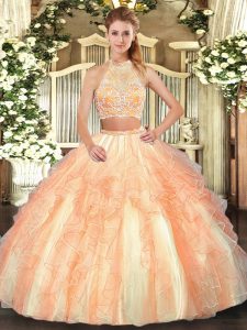 Pretty Floor Length Gold Quinceanera Gowns Tulle Sleeveless Beading and Ruffled Layers