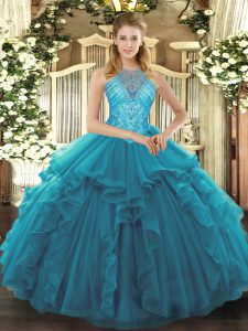 Sleeveless Asymmetrical Beading and Ruffles Lace Up Sweet 16 Dresses with Teal